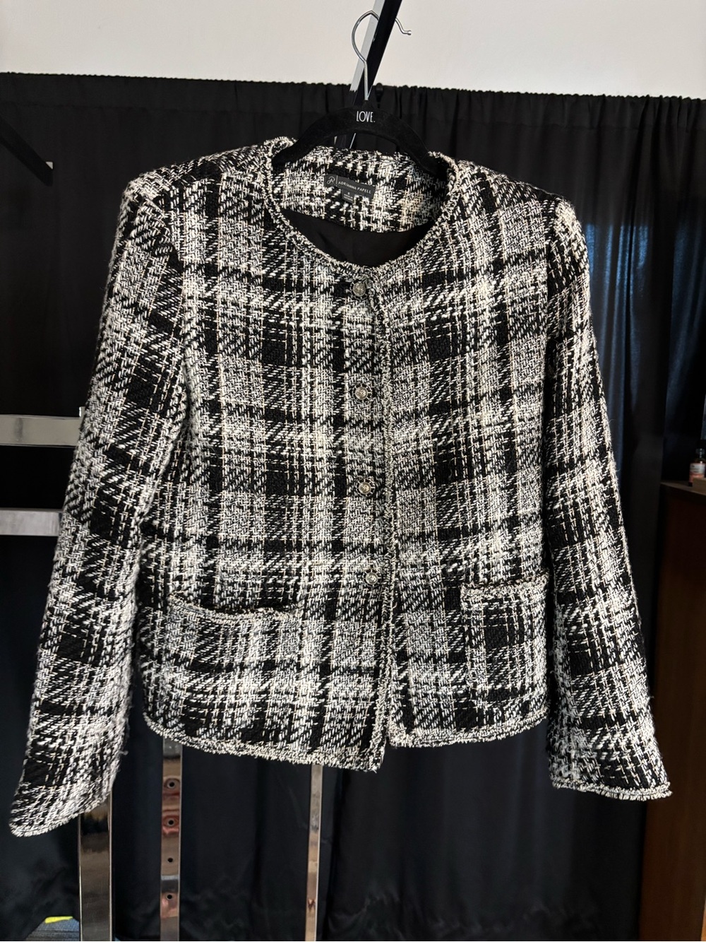 Adrianna Papell Black & White Plaid Tweed Blazer